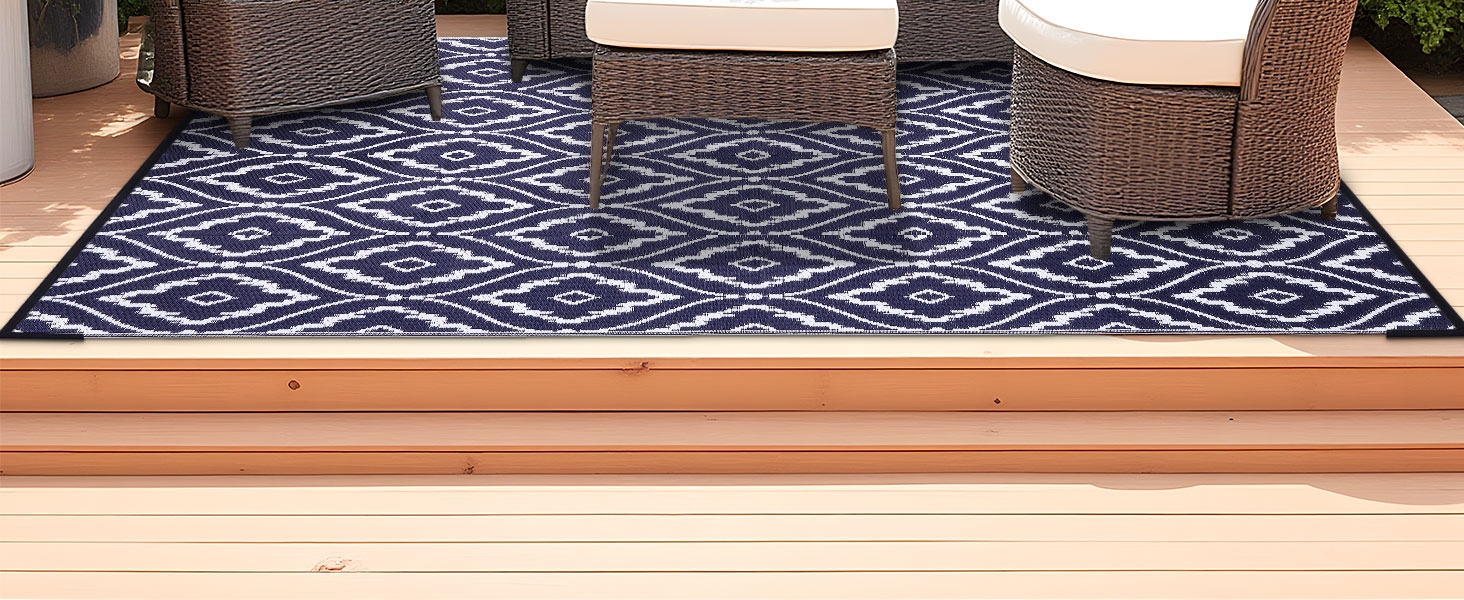 navy and white outdoor rug