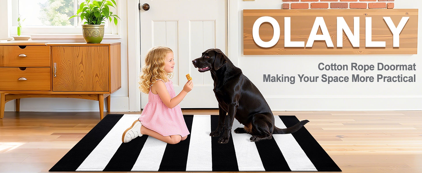 OLANLY Black and White Striped Rug